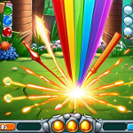 **Prompt:** A dynamic, close-up shot capturing a pivotal moment in a match-3 puzzle game similar to "Gardenscapes." A player's hand, determined and focused, is seen activating a powerful booster combination – specifically a glowing rainbow bomb merging with a dynamite booster. The game board explodes with vibrant, cascading effects, clearing a significant portion of obstacles like thick ice or chained elements, illustrating a strategic breakthrough and massive point gain. The background shows hints of a lush, evolving garden.