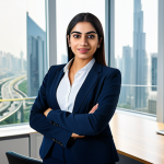 **

A professional Arab businesswoman in a modest, modern business suit, standing confidently in a brightly lit, contemporary office with a view of a bustling city. Fully clothed, appropriate attire, safe for work, perfect anatomy, natural proportions, professional corporate photography, high quality.

**