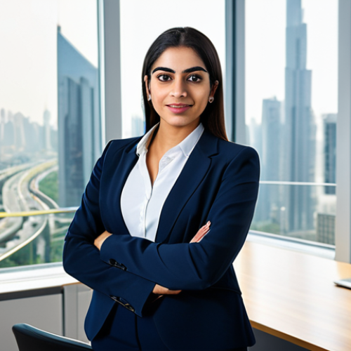**

A professional Arab businesswoman in a modest, modern business suit, standing confidently in a brightly lit, contemporary office with a view of a bustling city. Fully clothed, appropriate attire, safe for work, perfect anatomy, natural proportions, professional corporate photography, high quality.

**