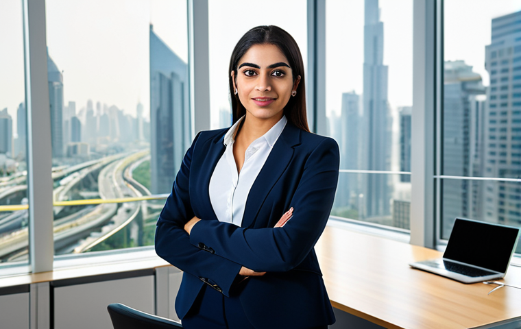 **
A professional Arab businesswoman in a modest, modern business suit, standing confidently in a brightly lit, contemporary office with a view of a bustling city. Fully clothed, appropriate attire, safe for work, perfect anatomy, natural proportions, professional corporate photography, high quality.
**